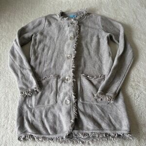 J. McLaughlin Knit Cardigan Sweater Women's M Beige Buttons Frayed Fringe FLAWS